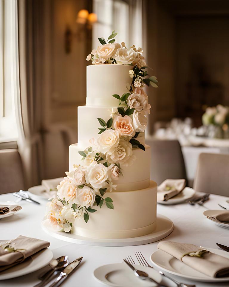 Klassieke witte bruidstaart met fijne suikerbloemen op een gedekte tafel in Heerlen