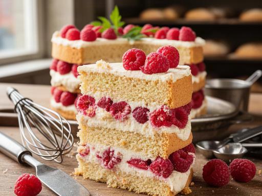 Aangesneden glutenvrije taart met luchtige biscuit en frambozen naast bakgereedschap
