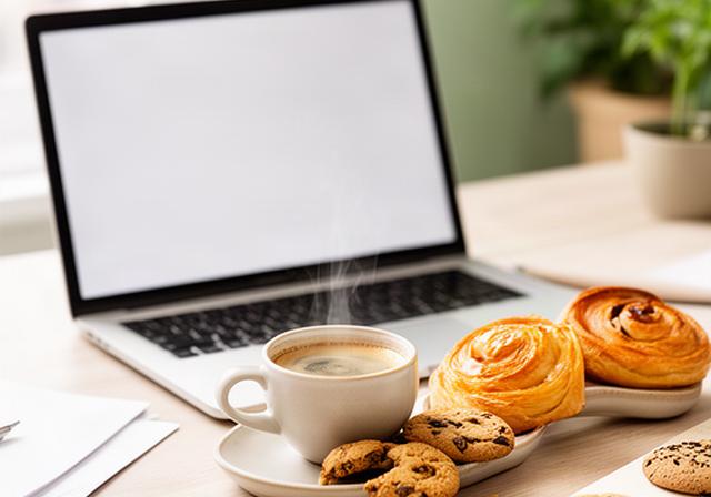 Koffie en verse koffiekoekjes naast een laptop op een lichte thuiswerkplek in Heerlen