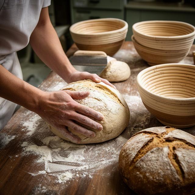 Broodbakker vormt desembroden op een met bloem bestoven tafel naast rijsmanden