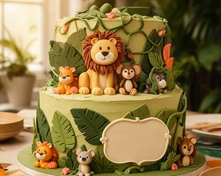 Jungletaart met leeuw, bladeren en dierenfiguren voor een vrolijk kinderfeest in Limburg
