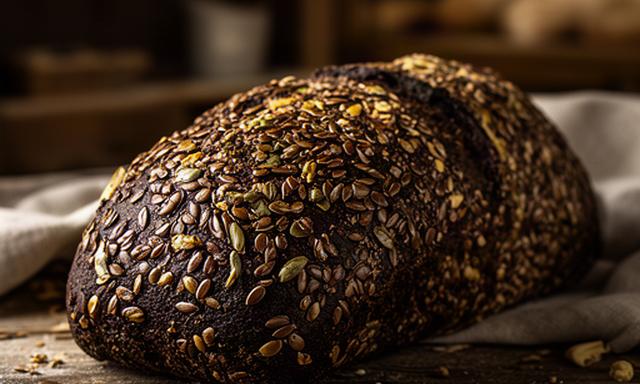 Donker zadenbrood in Waldkorn-stijl met lijnzaad en granen op een houten tafel